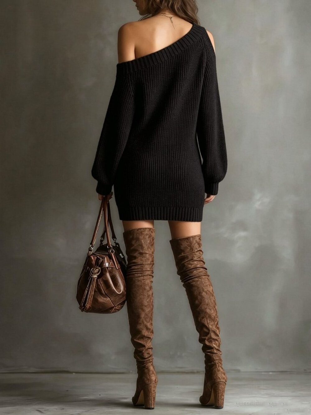 Black Casual Women's Asymmetric Collar Loose Knit Dress - Picture 2 of 5
